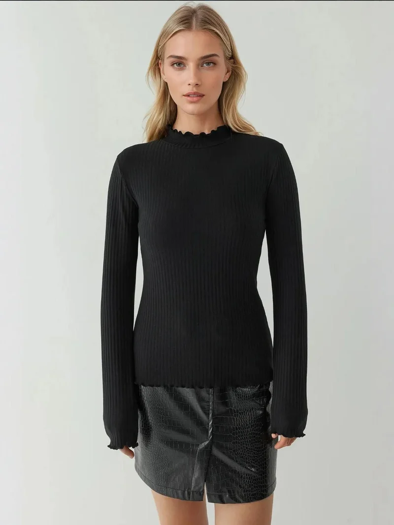 HICCUP Textured Slim Fit Crew Neck Long Sleeve Top